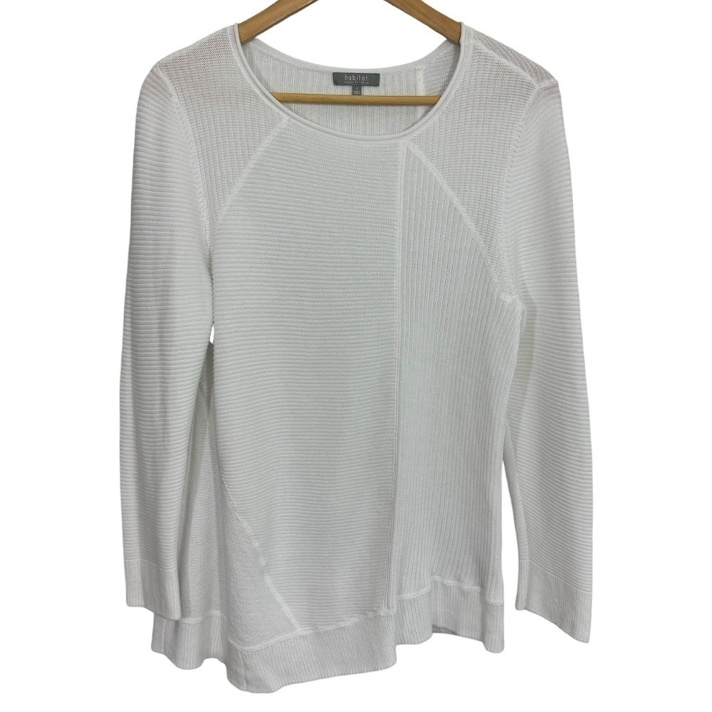 Habitat 100% Cotton Knit Sweater Sz S White Ribbed Scoop Neck Asymmetrical Hem